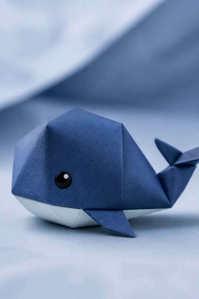 A small whale squishy in deep ocean blue paper with a lighter belly. The eye is a glossy bubble with a tiny white highlight, and the belly seam is clean.