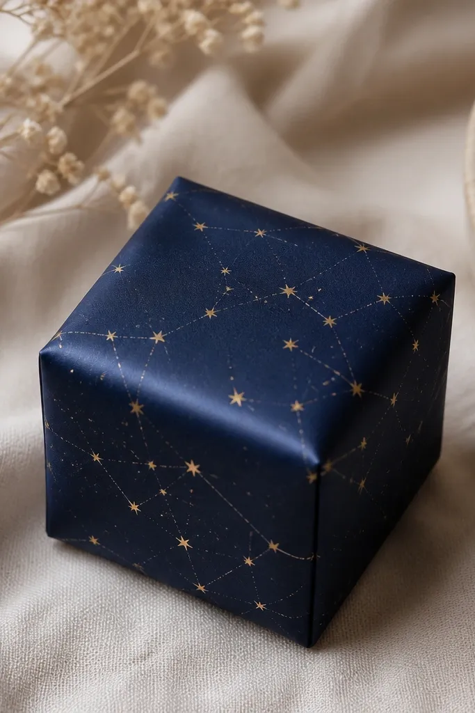 A tiny squishy in deep navy paper with scattered gold stars and faint inked constellation lines. The stars look like foil dots, and the surface has a soft satin sheen.