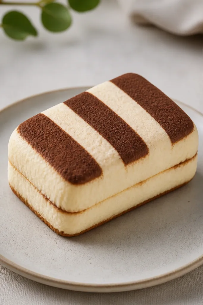 A small rectangular tiramisu squishy with alternating cream and cocoa stripes on top. The sides show a soft seam, and the top has a matte cocoa dust texture.