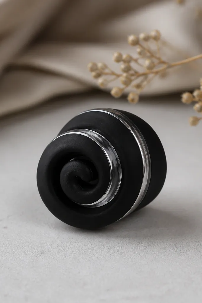 A tiny spiral swirl squishy in deep black paper with a glossy clear ribbon-like stripe wrapping around the spiral. The swirl has a clean edge and smooth shine on the ribbon.