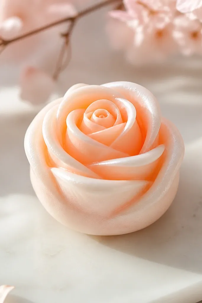 A mini rose squishy with layered rolled petals in peach and soft white. The petals have a pearl sheen and the center looks tightly rolled, with a clean rounded base.
