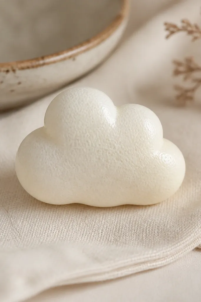 A mini cloud-shaped squishy in warm white with tiny raised micro textures on the surface, like small bumps. The edges are smooth and the top has a faint glossy highlight.