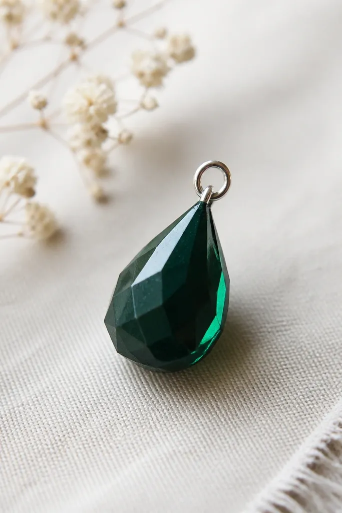 A small teardrop pendant squishy in deep emerald green with faceted paper edges. The surface has a glossy clear coat and a tiny lighter green highlight along one edge.