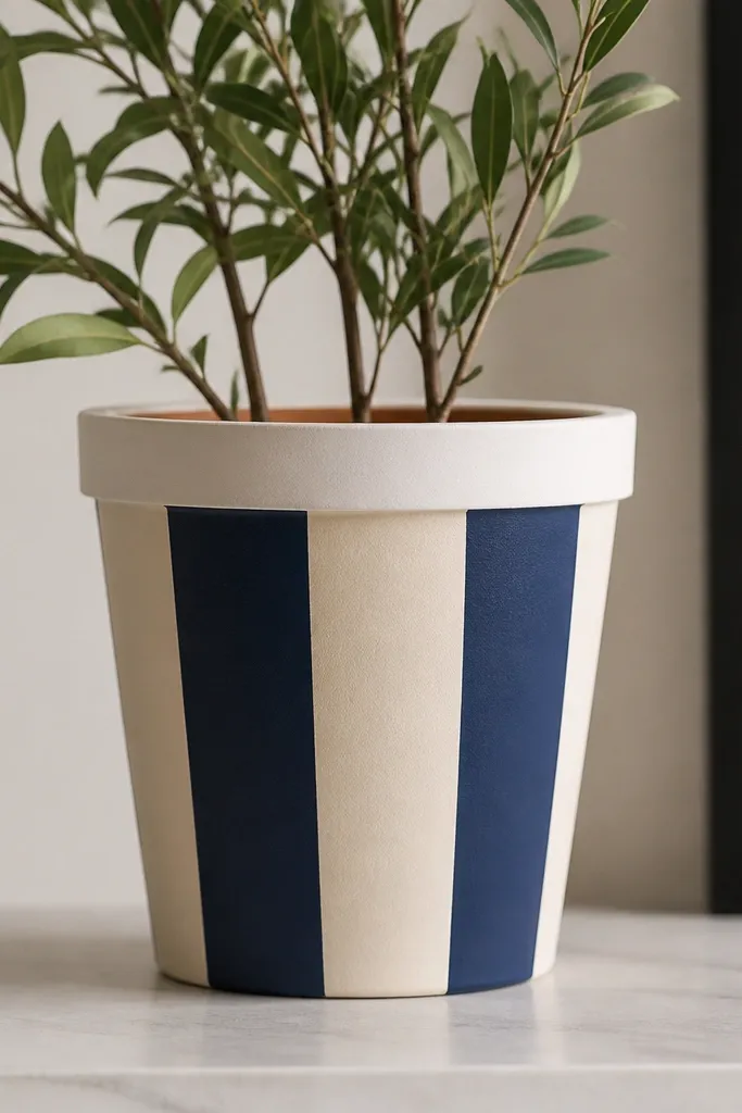 A medium terracotta plant pot painted with two narrow deep navy vertical stripes on a cream base; the stripes have razor-sharp edges and the cream has a soft matte finish, with a small off-white band around the rim.