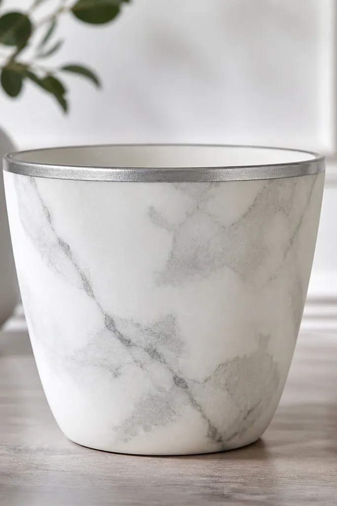 A white-painted pot with soft gray cloudy mottles and a few thin dark-gray veins that look like marble; the rim is brushed lightly with silver metallic.