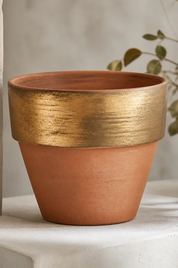 A terracotta pot left mostly natural, with a painted antiqued gold band around the top third; the gold has a worn, brushed look and the rest of the pot stays matte clay.