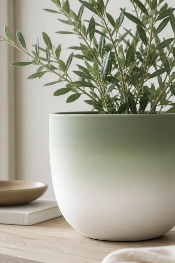 A pot painted with a smooth ombre from white at the bottom to sage green near the top; the transition is blended with no visible brush lines.
