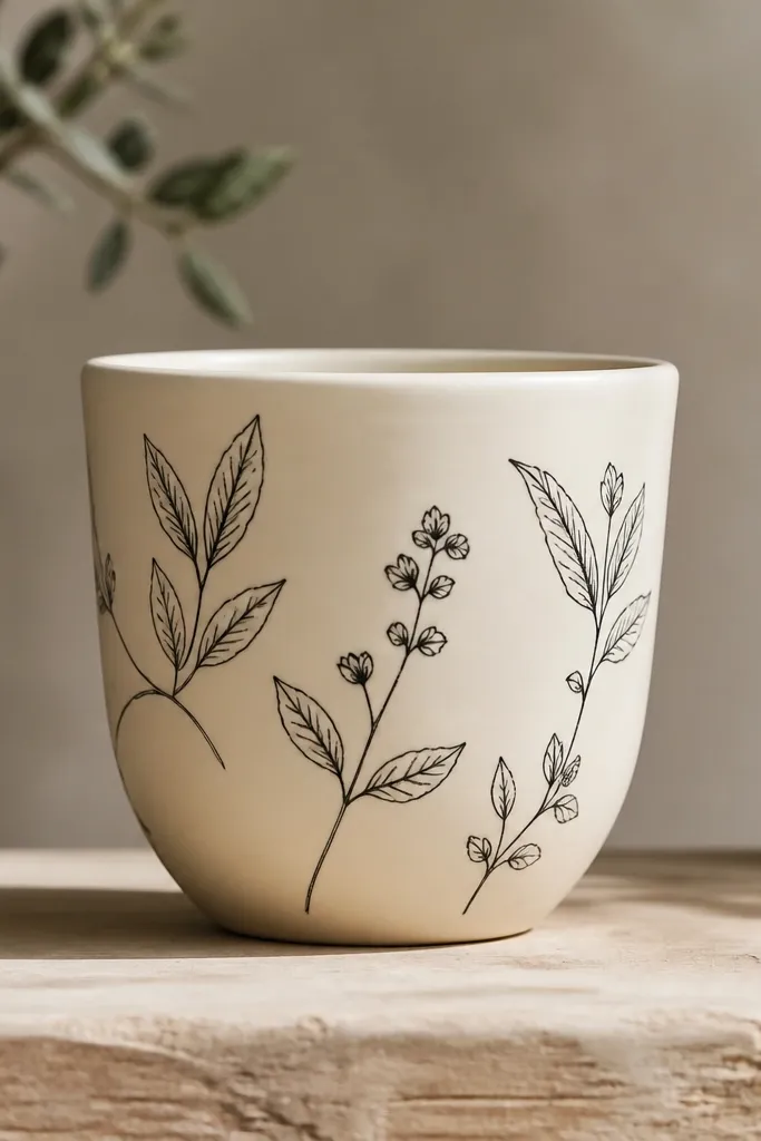 A cream pot with delicate black leaf outlines and a few small stems, spaced like a botanical illustration; the paint is crisp and thin with a satin finish.