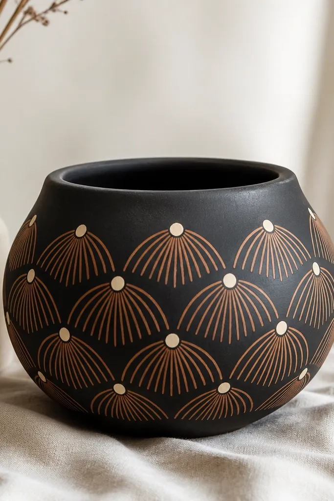 A black pot painted with repeated fan-shaped geometric patterns in muted copper and small cream dots; the design wraps evenly around the pot.