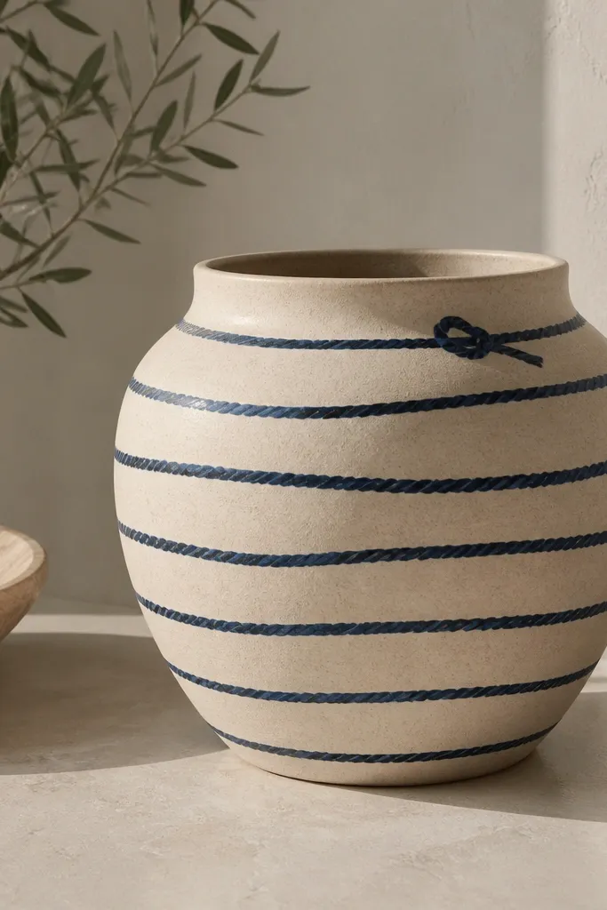 A beige pot with painted navy bands that mimic rope wrapping; the lines curve slightly and there's a small navy knot mark near the top.