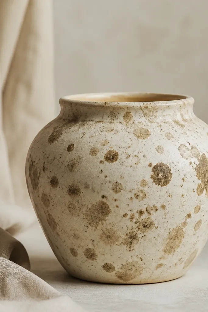 A cream pot covered in irregular umber wash spots like aged pottery; the spots vary in size and opacity with a matte finish.
