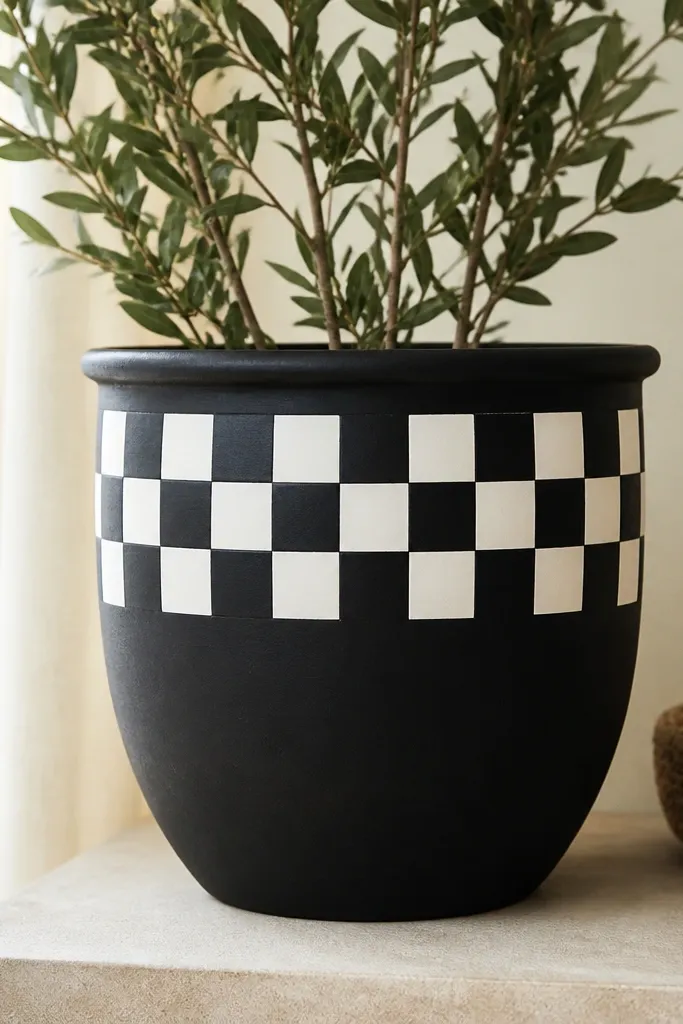 A pot painted in matte black with a white checkerboard band across the top third; the squares are crisp and evenly sized.