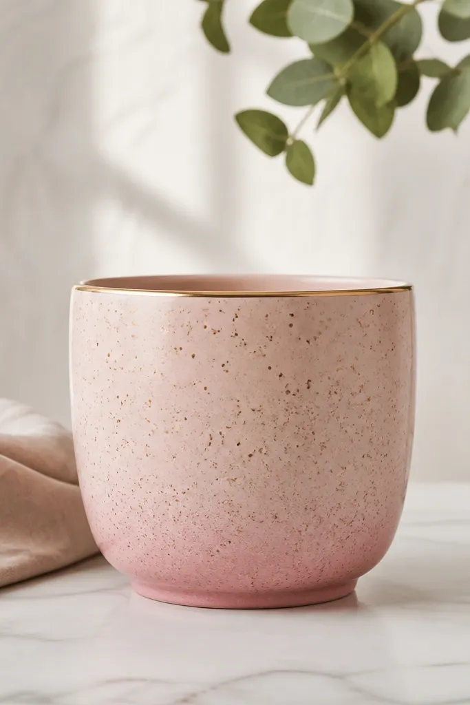 A blush pink pot with an airy rose-colored base; bronze speckles are scattered evenly, and the rim has a thin bronze line.
