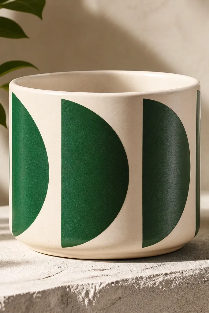 A cream pot with alternating deep emerald half-moon shapes wrapping around it; the moons have clean edges and a satin finish.
