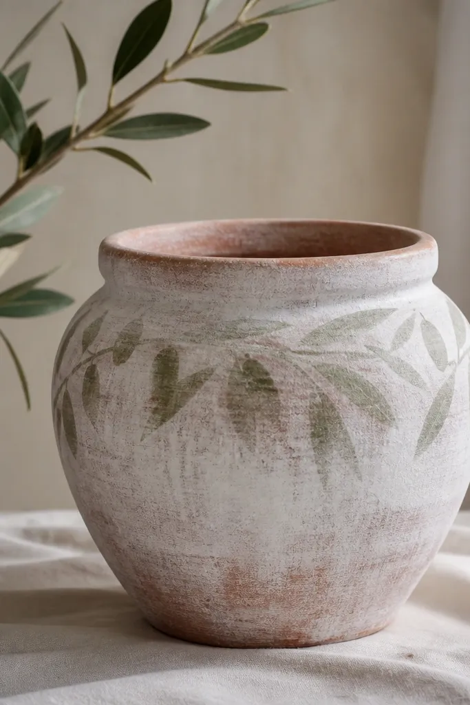 A terracotta pot coated in a semi-transparent white wash; olive-green leaf silhouettes sit around the upper half with soft edges.