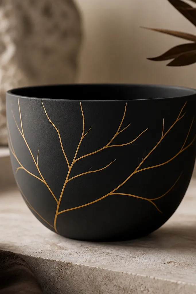 A matte black pot with thin gold vein-like lines branching across the surface like stylized leaf veins; the gold looks metallic but not sparkly.