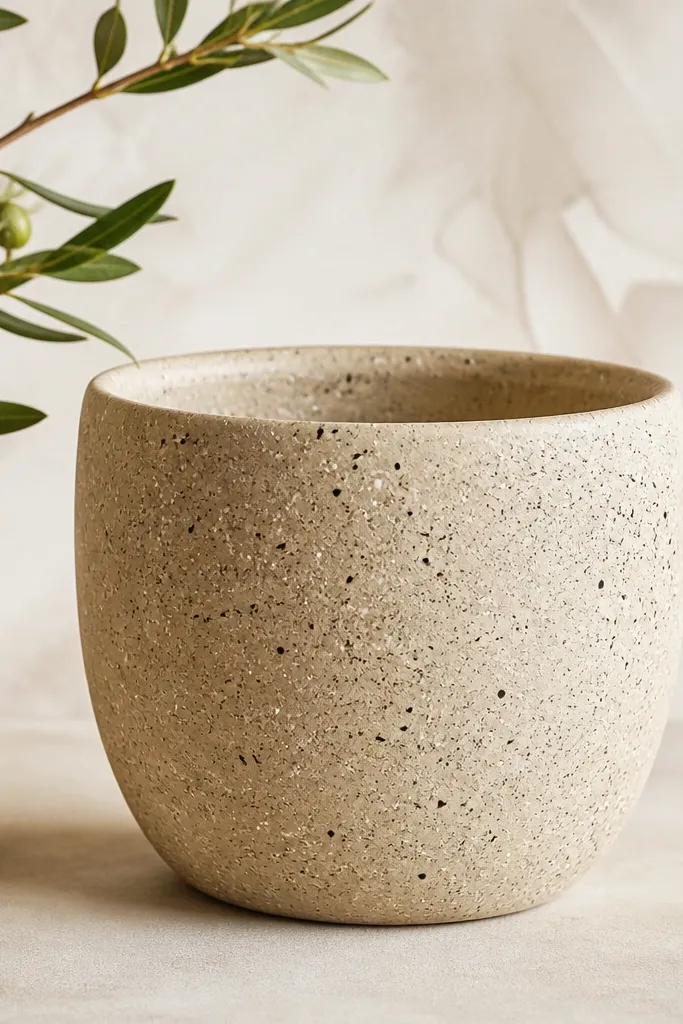 A light sand-colored pot covered with small speckles in cream and charcoal; the speckles vary in size like terrazzo stone.