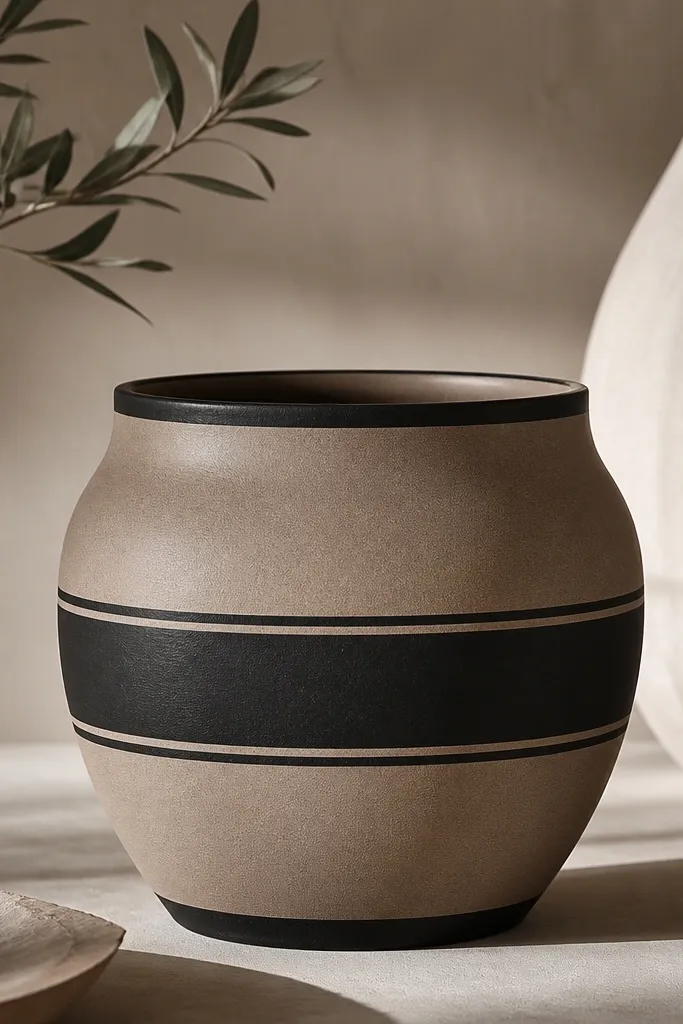 A pot painted in warm taupe with a crisp black border band around the middle; the top and bottom are taupe with a clean black frame.