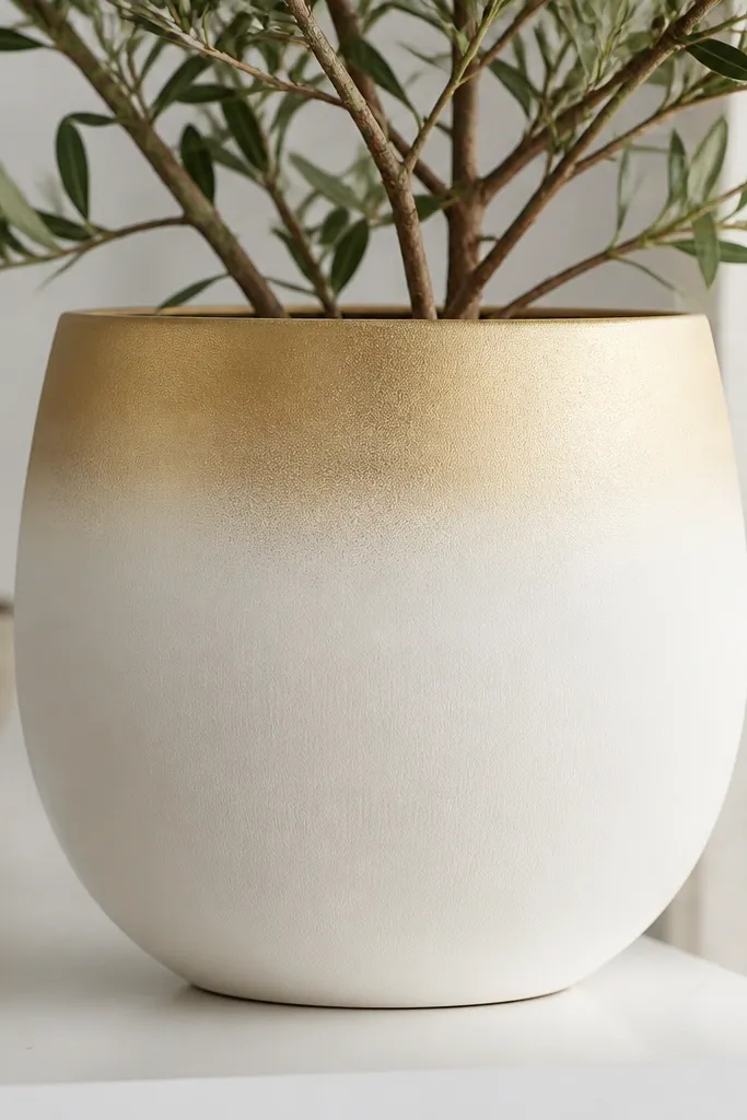 A white pot with a soft gold ombre fade along the rim area; champagne highlights blend into the white with no hard line.