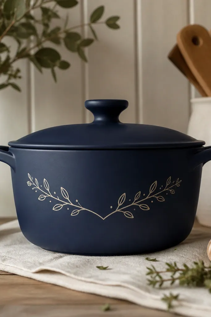 A matte navy pot with cream hand-painted script text across the front panel; the letters are slightly curved and have a clean, thin look.