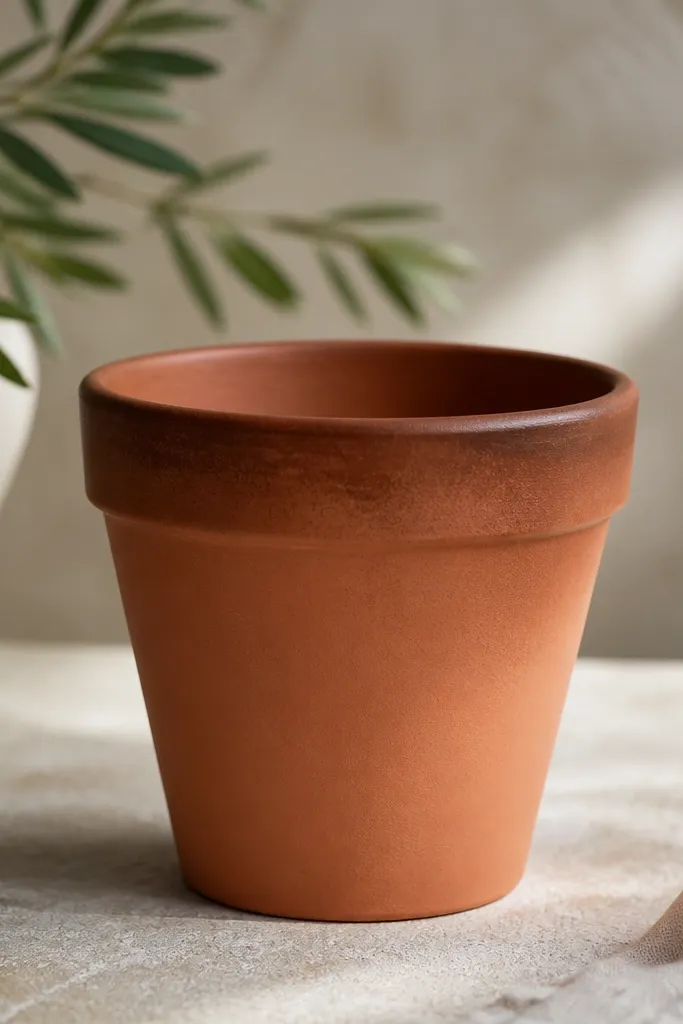 A terracotta pot painted in a uniform warm terracotta tone, with a darker burnt umber wash concentrated around the rim and upper edge.