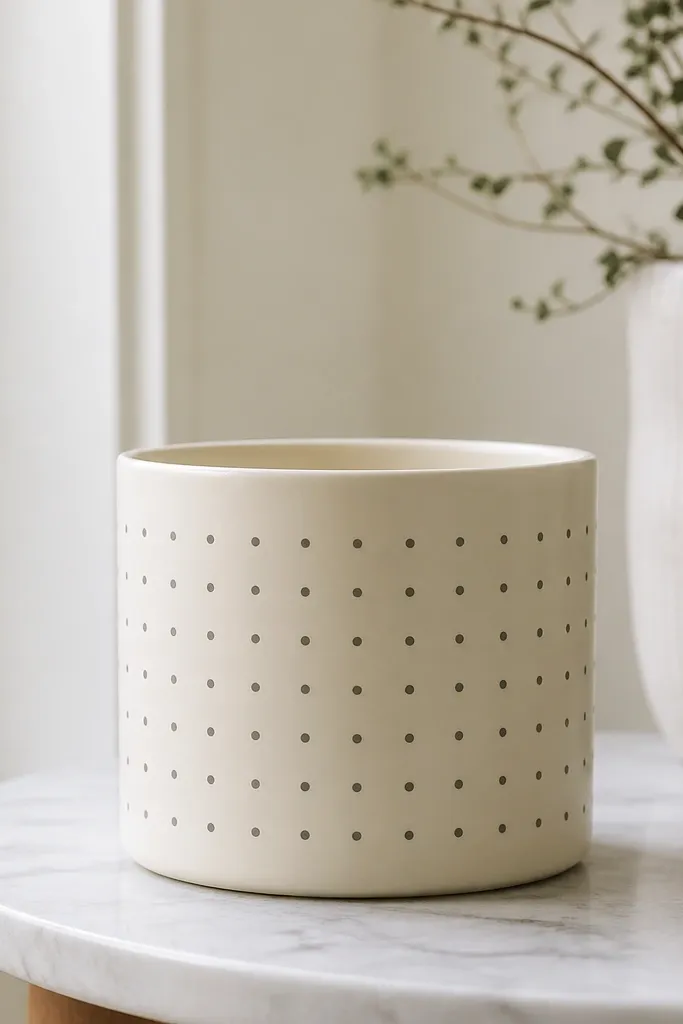 A cream pot with a neat dot grid pattern in soft gray across the front, spaced evenly; the rim is plain and the finish is satin.