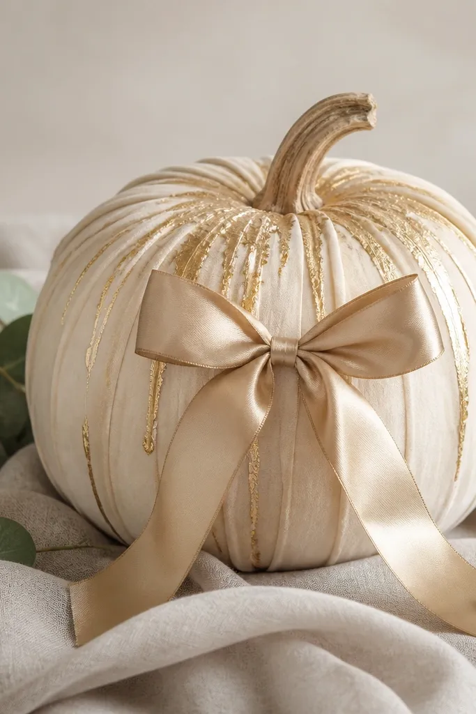 A cream-colored pumpkin wrapped with small strips of velvet-like fabric. Gold leaf effect drips run down from the top rib areas, and a satin champagne-gold bow sits on the front. The pumpkin sits on a neutral linen cloth with a few faux eucalyptus sprigs.
