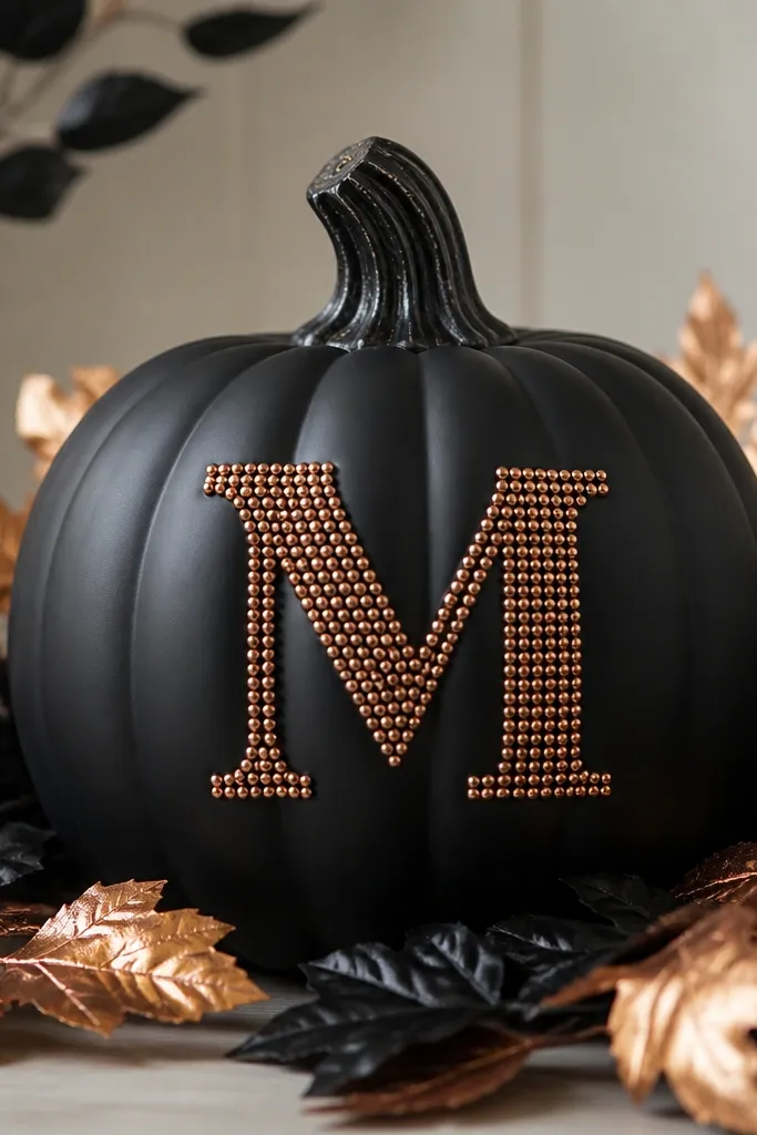 A black matte pumpkin with a smooth finish. A copper-colored monogram letter is centered on the front, made from small metallic studs. The letter edges have a slight raised look. The pumpkin is topped with a faux stem and surrounded by black and copper leaves.