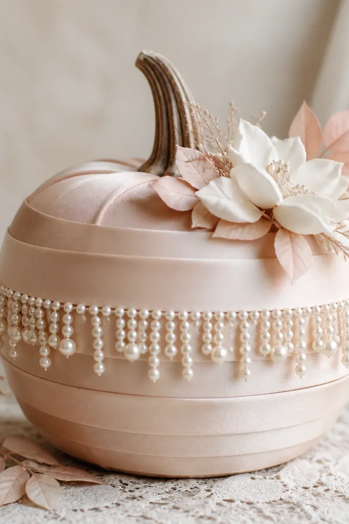 A pumpkin wrapped in pale blush satin ribbons in stacked horizontal bands. A fringe of small faux pearls hangs from the center band like a scarf. A small cluster of white flowers and blush leaves sits near the top.