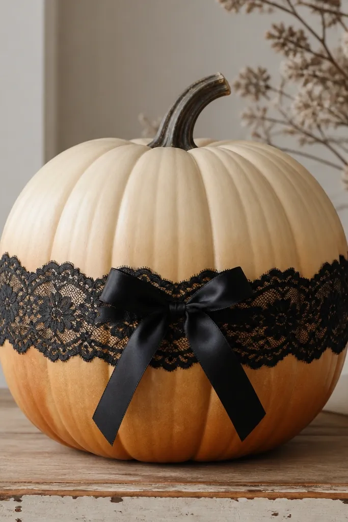 A pumpkin painted in a caramel-to-cream ombre gradient, lighter at the top and deeper caramel at the bottom. A black lace band wraps around the middle like a belt. A small bow in black satin sits on the front.