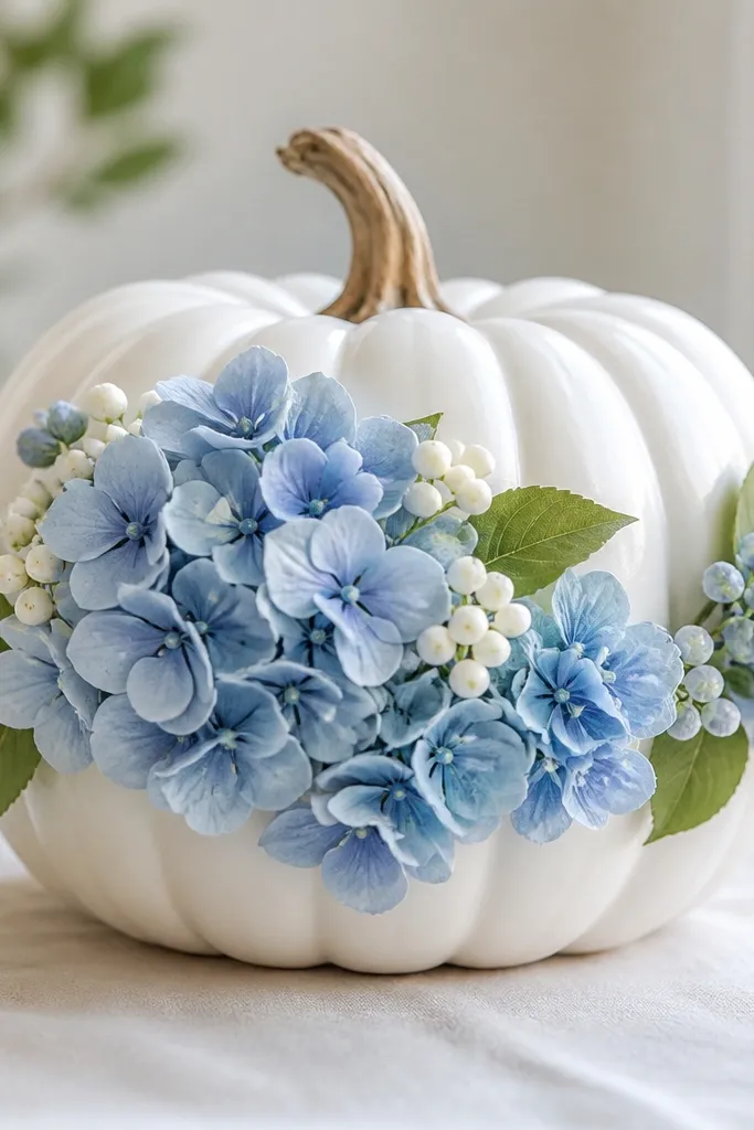 A white pumpkin with a slightly glossy, porcelain-like finish. Blue hydrangea-style faux flowers are clustered on the front and side. Small white buds and a few green leaves fill gaps. The pumpkin has a natural stem visible.