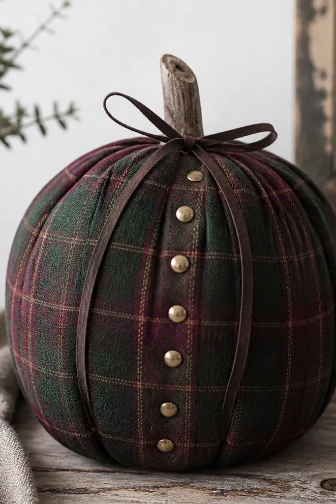 A pumpkin wrapped with deep green and burgundy plaid fabric. Small brass buttons are arranged in vertical rows down the front. The top has a short faux stem and a thin ribbon tie.
