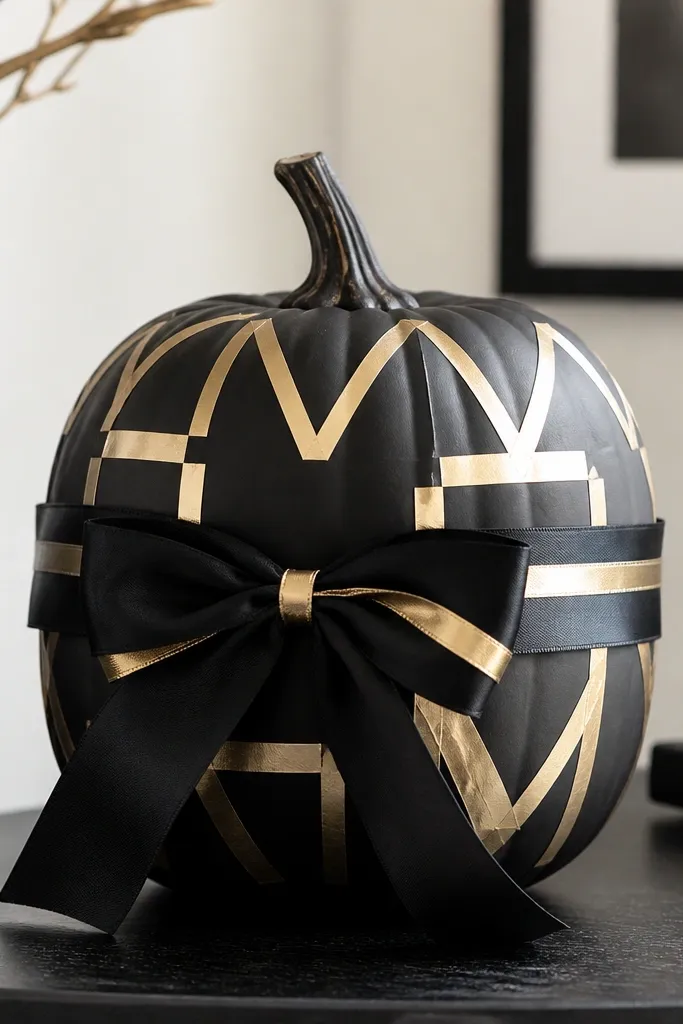 A pumpkin painted matte black with geometric shapes made from gold foil tape. The tape forms triangles and rectangles across the surface. A black satin bow is tied around the middle, with a small gold ribbon accent.