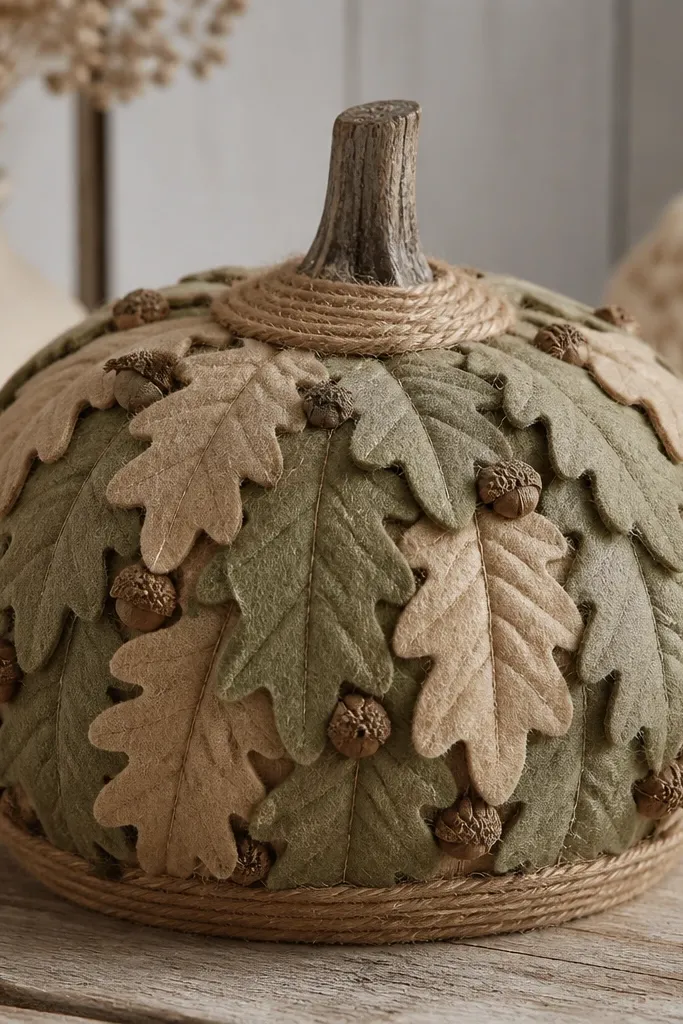 A pumpkin covered with layered felt leaf appliques in olive and tan. Small acorn caps sit between leaves, and warm twine wraps around the top and bottom. The overall look is soft and textured, with muted earthy colors.