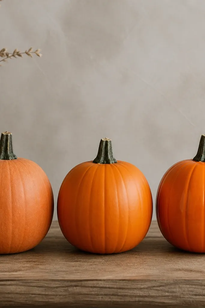 A row of three pumpkins painted smooth orange. The first is flat and slightly dusty-looking, the second is corrected with an even satin finish, and the third has crisp white highlights and a light clear coat sheen.