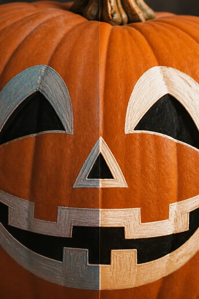 Close-up of a painted pumpkin face with eyes and mouth. One side shows grayish white highlights, while the corrected side uses bright warm white on the same features with sharper edges.