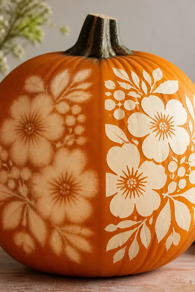 A pumpkin with a floral stencil pattern. The left area shows fuzzy edges from stencil bleed, while the right area shows crisp lines with sharp negative space.