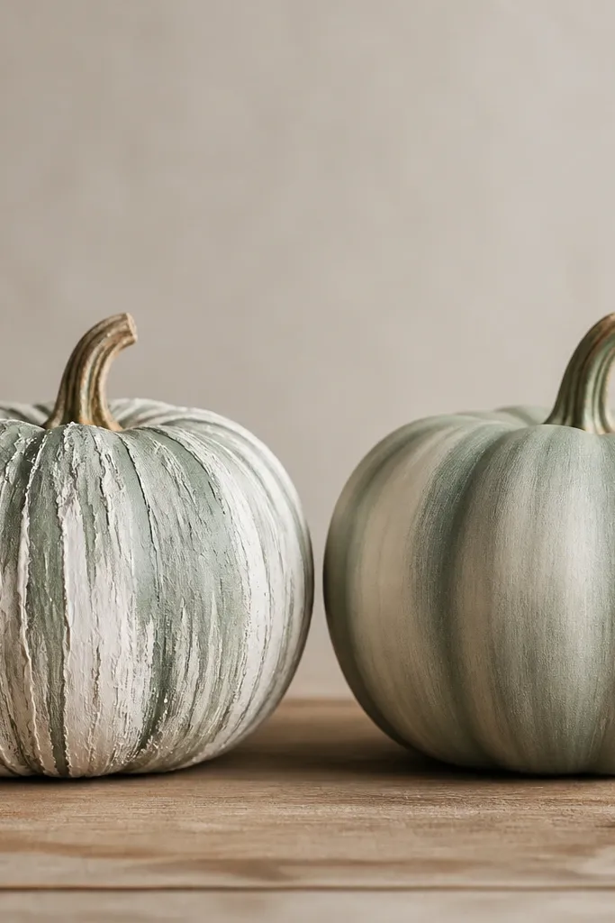 Two pumpkins photographed from the same angle. One has paint pooled into ridges, creating thick, wrinkled lines. The other has smooth shading that follows the ridges without looking heavy.