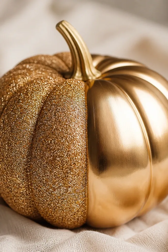A pumpkin with metallic gold accents. One section is rough and glittery, while another section is smooth metallic gold with controlled highlights and clean edges.