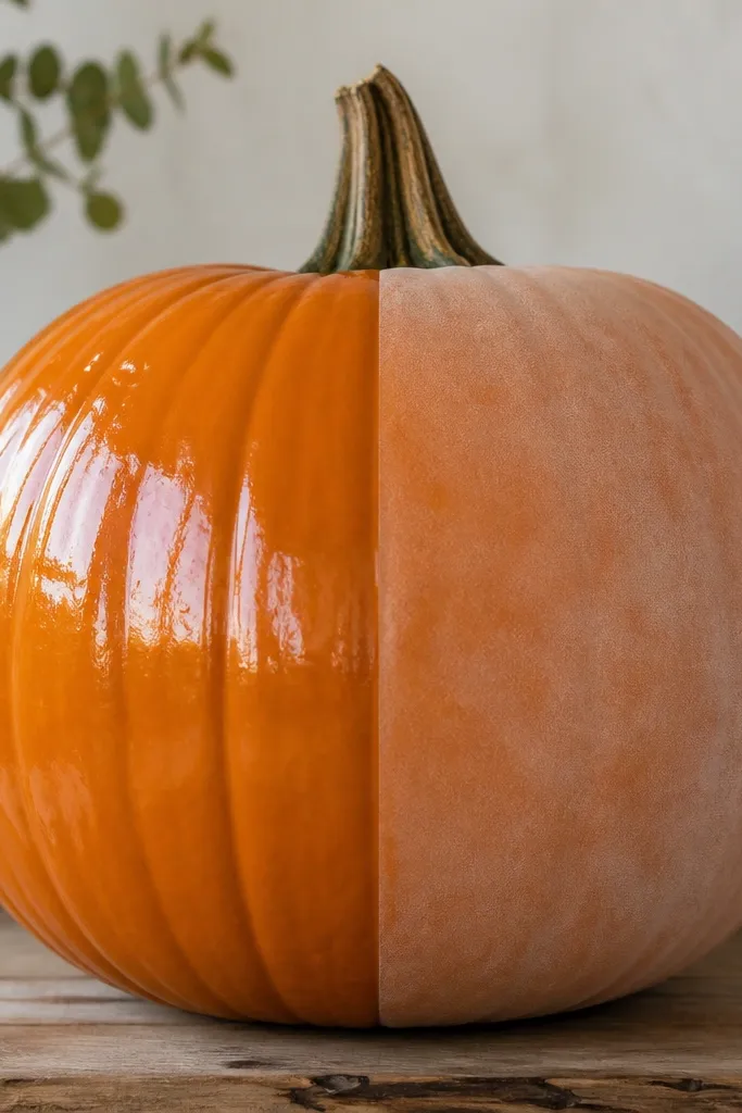 A split pumpkin showing clear coat results. Left side is glossy and clear, right side is hazy and foggy with a milky film.