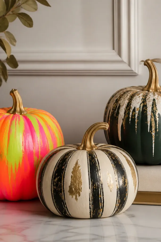 Three pumpkins with different palettes: one is neon-bright, one is limited to black, cream, and muted gold, and one uses deep green with warm white and bronze.