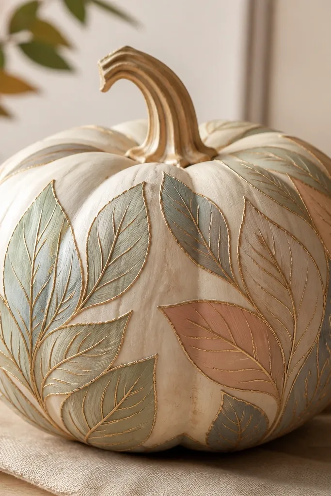 A pumpkin painted with a leaf motif. The veins are crisp and evenly spaced, with a soft shadow in the leaf folds and a subtle metallic edge.