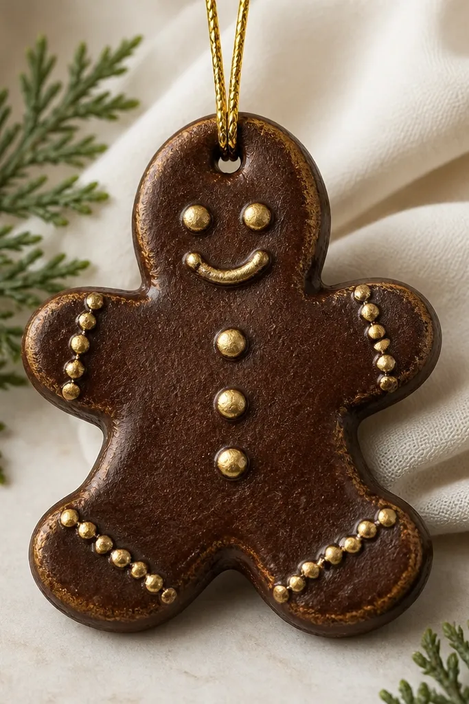 A gingerbread-shaped salt dough ornament painted deep cocoa brown with a slightly glossy glaze. Small raised dots on the front are filled with antique gold paint; the edges are darker and lightly dry-brushed. A thin gold cord loops through a punched hole at the top.