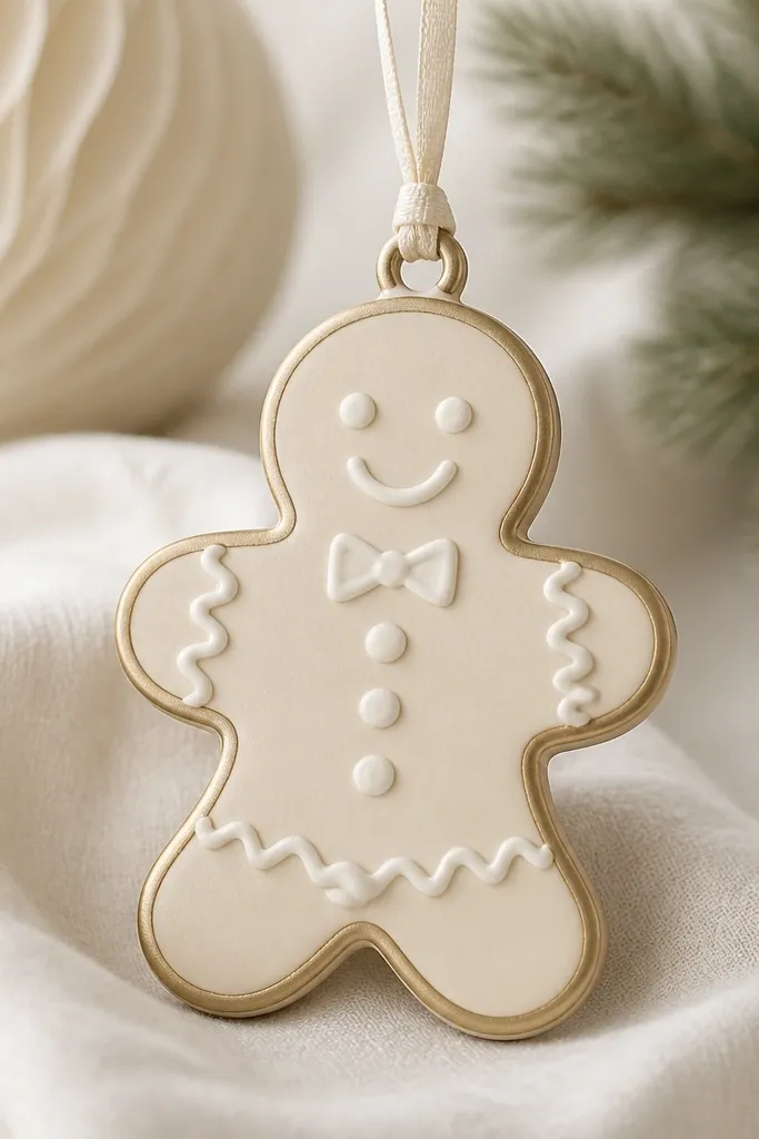 A gingerbread ornament in matte cream with raised white "piping" lines along the arms and belly. The outline around the silhouette is painted champagne metallic. The top has a small loop with a narrow ribbon in pale ivory.