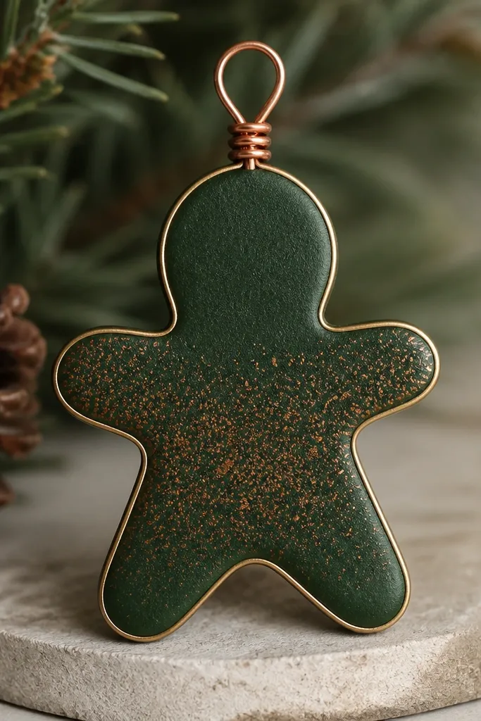 A gingerbread ornament painted deep forest green. Over it, there are tiny rust-brown and copper speckles concentrated on the belly and arms. The outline is highlighted with a thin warm gold line; the top has copper wire wrapped into a loop.