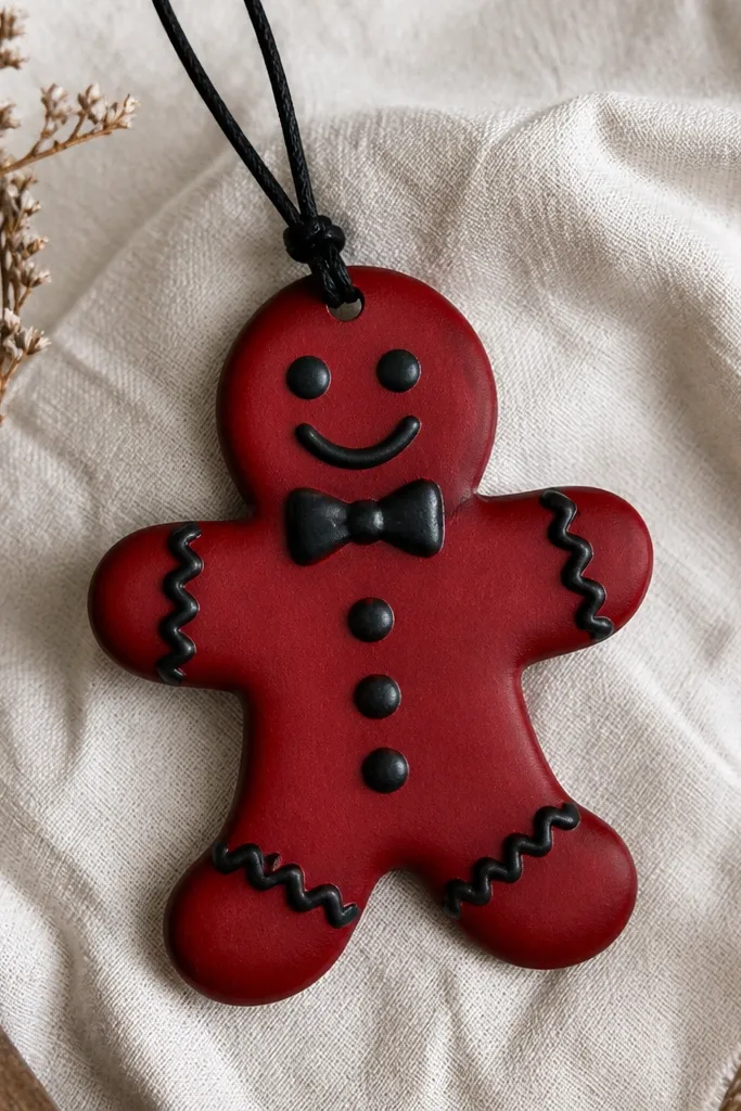 A gingerbread ornament painted velvet red with a soft semi-matte finish. Raised lines and details are painted black, creating crisp licorice accents. The edges show a faint darker red shadowing; the hanger is black twine.