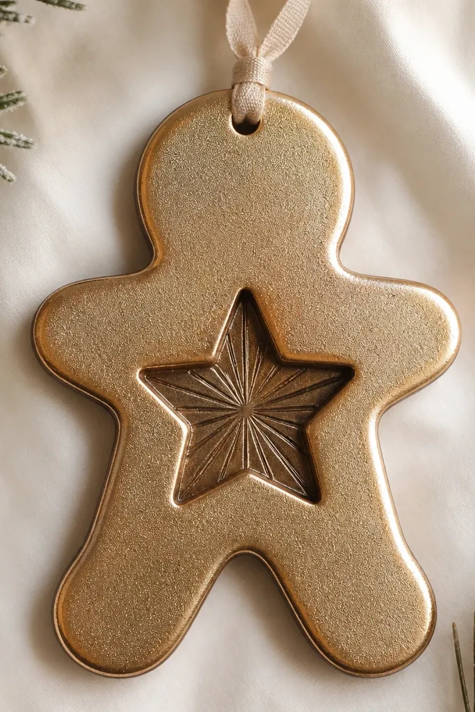 A gingerbread ornament shaped like a gingerbread person with a centered star cutout. The base is champagne metallic, while the cutout edges are darker bronze. A starburst pattern appears on the back area, visible through the cutout.
