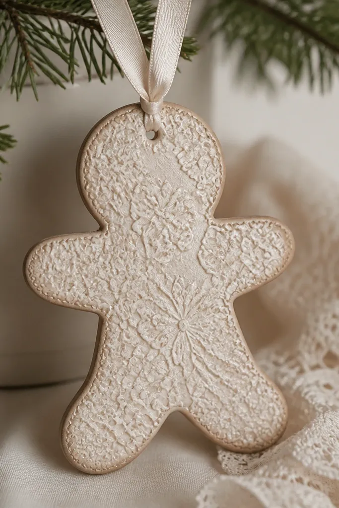 A gingerbread ornament with delicate lace texture pressed into the surface. The base is matte cream, and the lace rises are painted with pearl white. The edges are softly shaded with light taupe. The hanger is a pale satin ribbon.