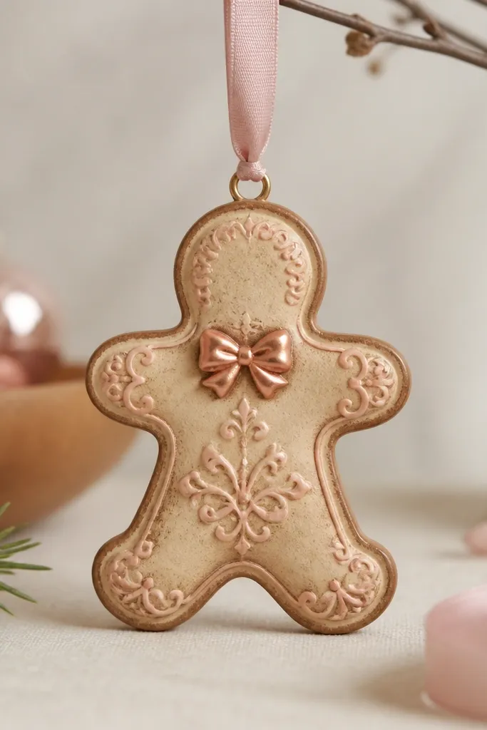 A gingerbread ornament with a small raised bow at the top chest area, painted rose gold. The rest is a warm beige with a blush-pink wash in the recesses. Edges are outlined with a thin darker brown line. A blush ribbon matches the wash.