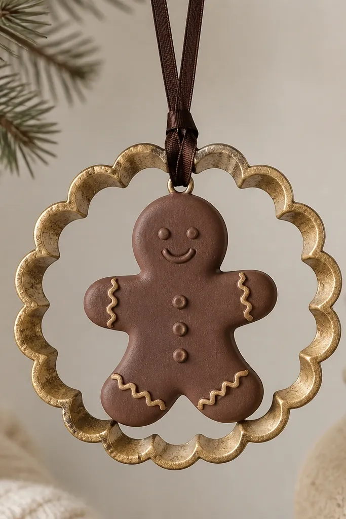 A gingerbread ornament inside a scalloped circular frame. The gingerbread is painted matte cocoa, while the scalloped frame is painted metallic gold with darker shading in the scallops. The hanger is a thin ribbon in deep brown.